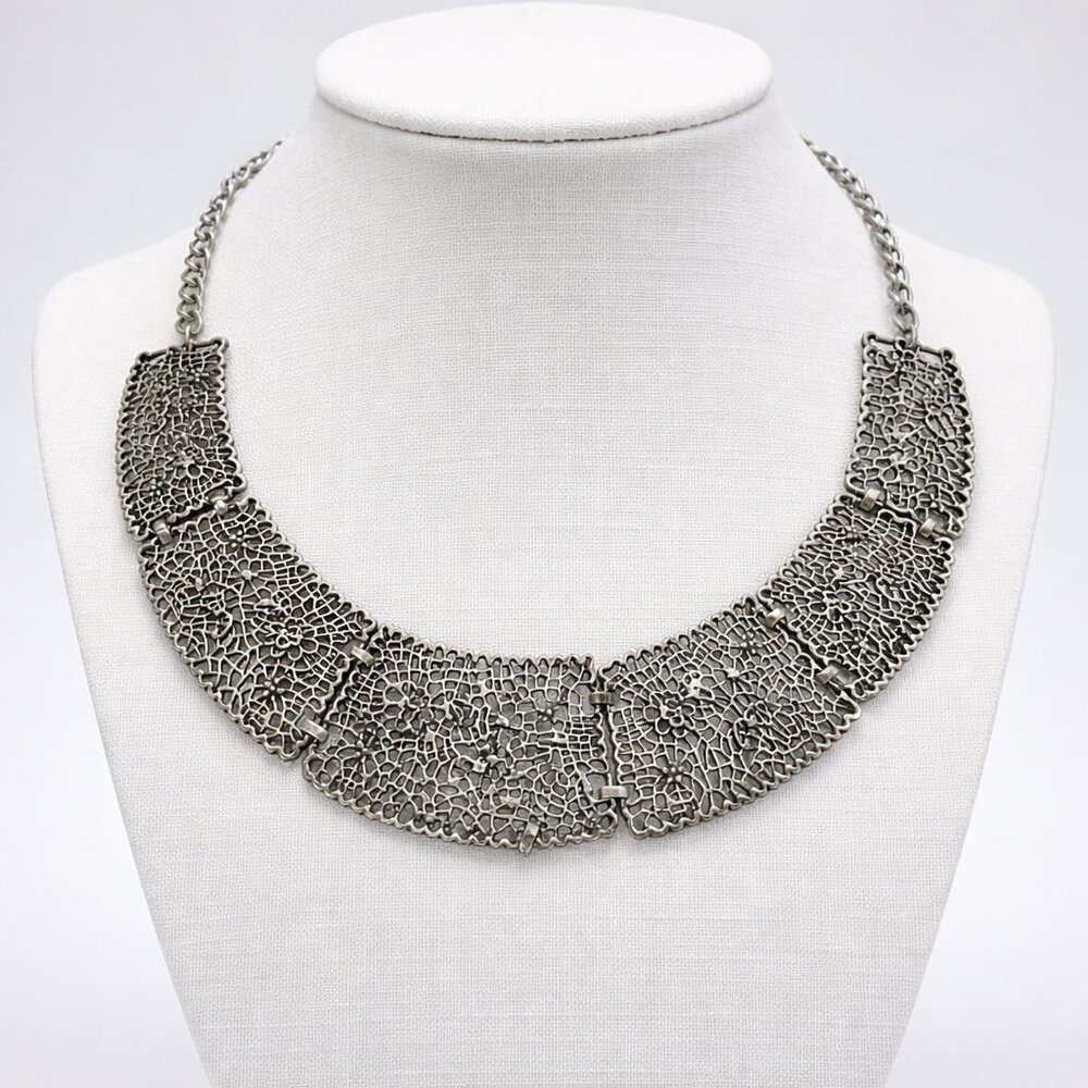 Vintage whimsigoth ornate Lace Look Distressed metal chocker Festival necklace